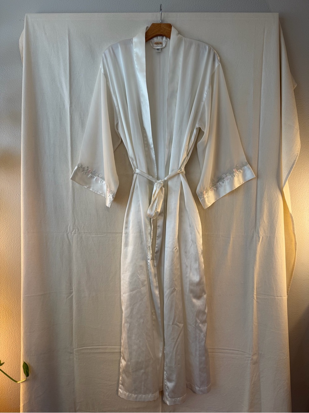 Talbots Ivory Satin Robe with Sheer Sleeves & Embroidered Cuffs